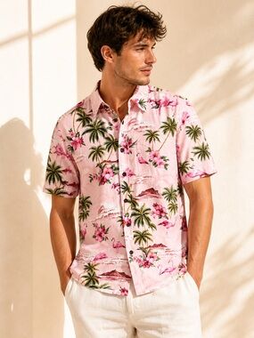 Vintage RJC Flamingo Floral Hawaiian Shirt Cotton Poplin Statement Sz M